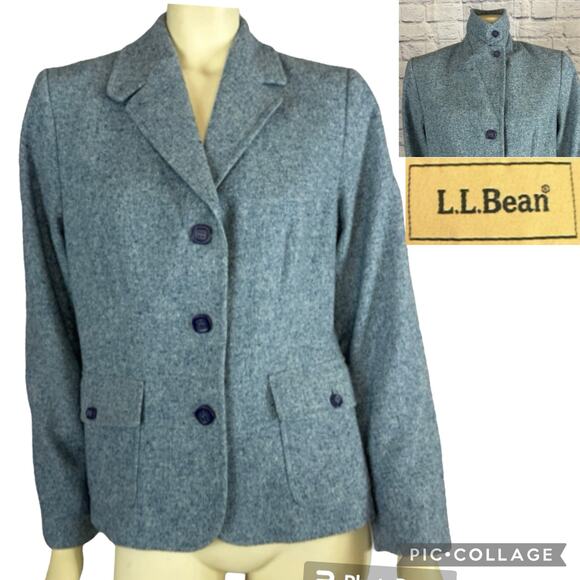 Vintage L.L. Bean Women's Blue Tweed Blazer with 2 way collar size medium - Picture 1 of 14